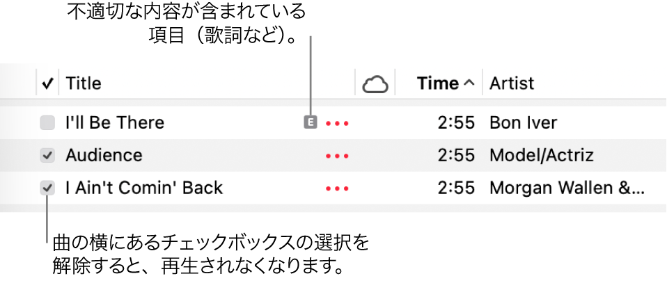 ミュージックの曲リストの詳細。チェックボックスと、最初の曲が不適切であることを示す記号(歌詞などに不適切な内容が含まれていることを示します)が表示されています。曲の横にあるチェックボックスの選択を解除すると、再生が禁止されます。