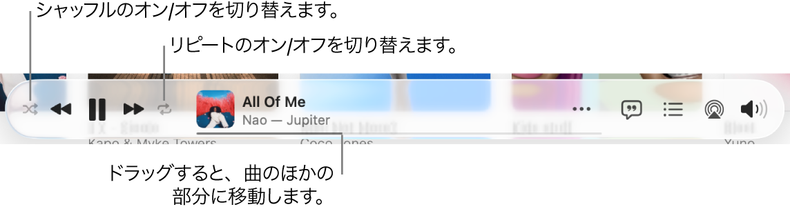 再生中の曲が表示されているApple Musicの下部。左端に再生コントロールがあります。再生コントロールの左側にシャッフルボタンがあり、再生コントロールの右側にリピートボタンがあります。曲の別の部分に移動するには、再生ヘッドをドラッグします。