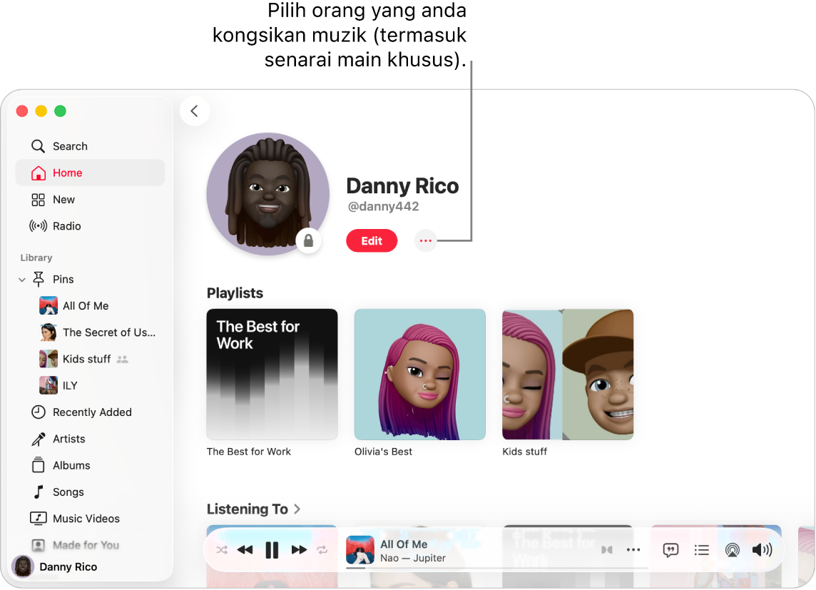 Halaman profil dalam Apple Music: di bahagian atas tetingkap, klik butang Lagi (di sebelah kanan butang Edit) untuk berkongsi muzik anda.