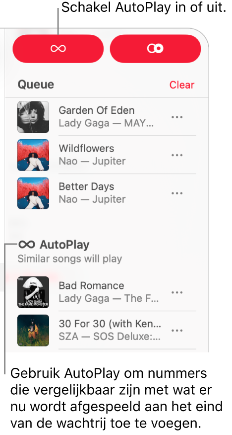 In de rechterbovenhoek van Apple Music is de wachtrij zichtbaar. Ook het gedeelte 'AutoPlay' wordt weergegeven.