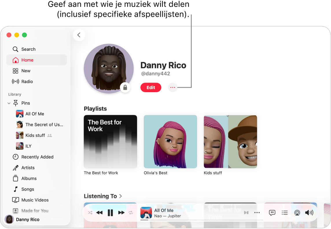 De profielpagina in Apple Music: Klik boven in het venster op de knop 'Meer' (rechts van de knop 'Wijzig') om je muziek te delen.