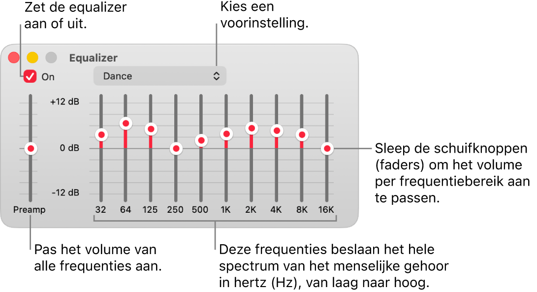 Het venster 'Equalizer' met regelaars om de equalizer in te schakelen, voorinstellingen te kiezen en het volume van frequenties aan te passen.