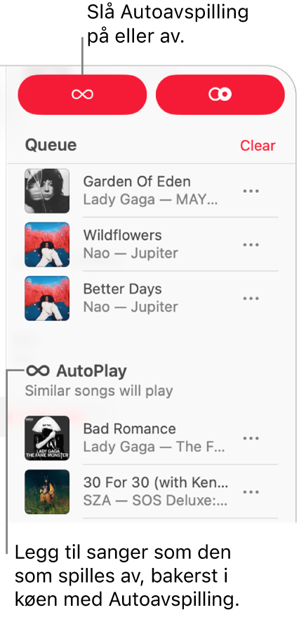 Køen er synlig øverst til høyre i Apple Music. Autoavspilling-delen vises også.
