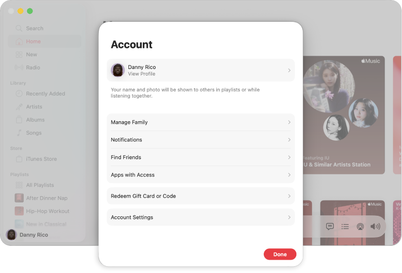 Okno dialogowe Konto w Apple Music, w którym widoczna jest opcja zarządzania rodziną.