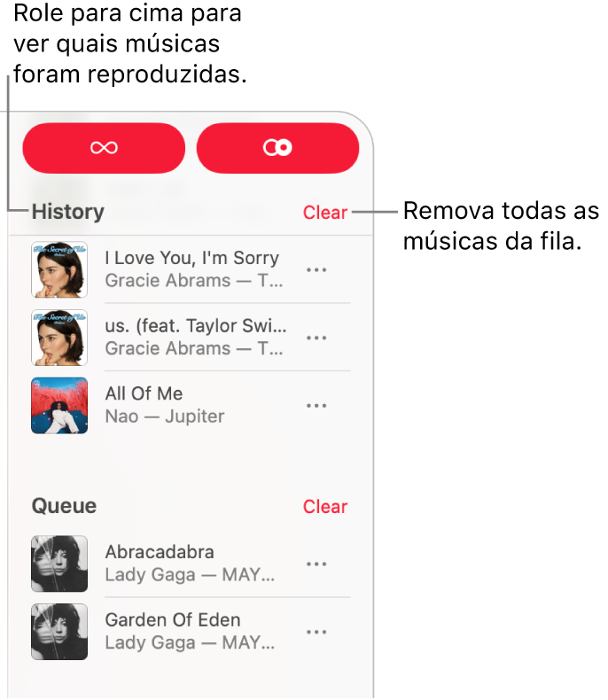 A fila está visível no canto superior direito do Apple Music. As seções Histórico e Fila são exibidas.