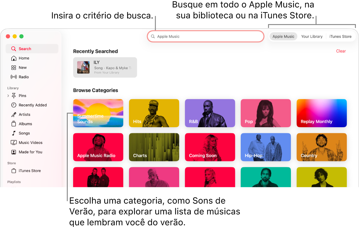 Janela do app Apple Music mostrando os campos de busca, a lista de categorias no centro da janela e Apple Music, Sua Biblioteca e iTunes Store disponíveis no canto superior direito. Digite critérios de busca no campo de busca e opte por buscar em todo o Apple Music, apenas na biblioteca ou na iTunes Store.