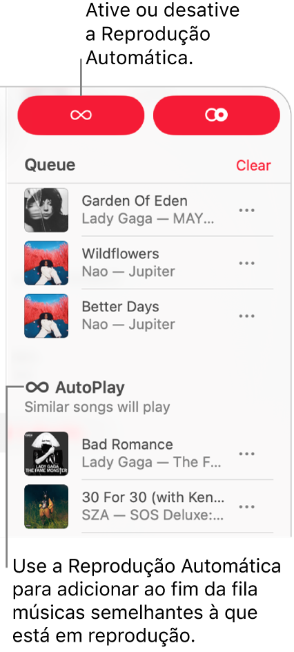 A fila está visível no canto superior direito do Apple Music. A seção Reprodução Automática também é exibida.