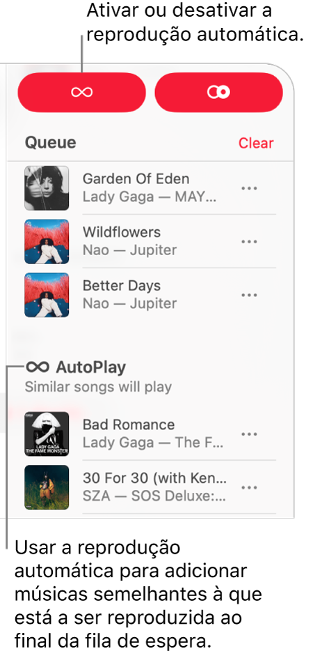 A fila de espera é visível no canto superior direito de Apple Music. A secção Reprodução automática é também apresentada.