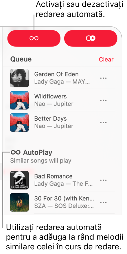Rândul de redare este vizibil în colțul din dreapta sus al ferestrei Apple Music. Este afișată și secțiunea Redare automată.