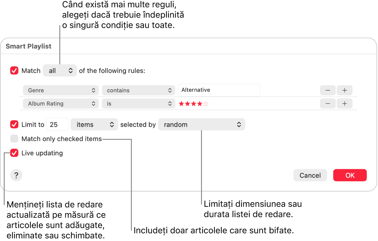 Dialogul Listă de redare inteligentă: În colțul din stânga sus, selectați Filtrează, apoi specificați criteriile listei de redare (cum ar fi genul sau evaluarea). Continuați să adăugați sau să eliminați reguli făcând clic pe butoanele Adaugă sau Elimină din colțul din dreapta sus. Selectați diferite opțiuni în porțiunea inferioară a dialogului, cum ar fi limitarea dimensiunii sau a duratei listei de redare, includerea doar a melodiilor bifate sau configurarea aplicației Muzică astfel încât să actualizeze lista de redare pe măsură ce se modifică articolele din bibliotecă.
