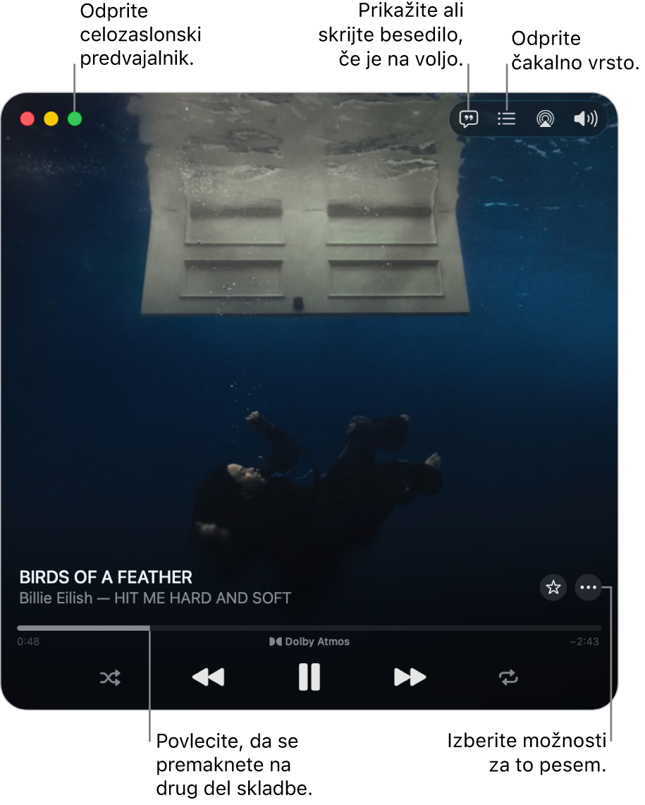 Razširjeni predvajalnik MiniPlayer s prikazom krmilnih funkcij za trenutno predvajano skladbo. V zgornjem levem kotu so krmilne funkcije okna, ki se uporabljajo za odpiranje in zapiranje celozaslonskega predvajalnika. V glavnem delu okna je prikazana naslovnica albuma, ki vsebuje predvajano skladbo. Pod naslovnico so drsnik za pomikanje po različnih delih skladbe in gumbi za prilagoditev glasnosti, prikaz besedila in odpiranje čakalne vrste.