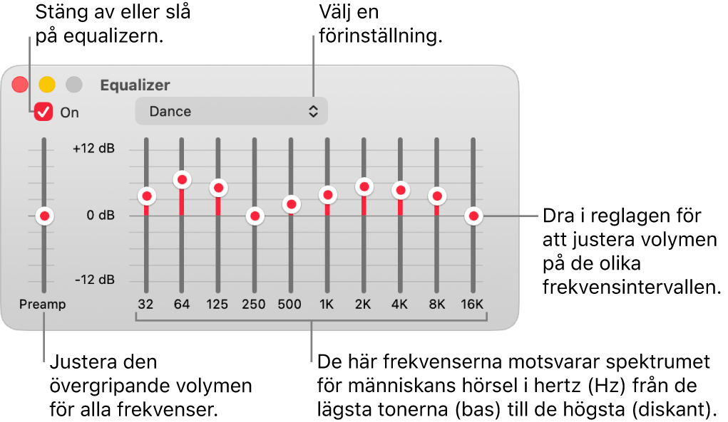 Fönstret Equalizer som visar reglage för att slå på den, välja förinställningar och justera volymen för frekvenser.