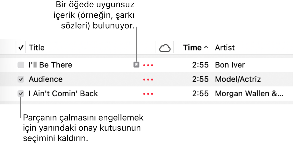 Müzik’teki parça listesine ait, onay kutularını ve ilk parça için (şarkı sözleri gibi uygunsuz içeriğe sahip olduğunu belirten) bir uygunsuz sembolü gösteren ayrıntılı bilgiler. Bir parçanın çalmasını engellemek için yanındaki onay kutusunun seçimini kaldırın.