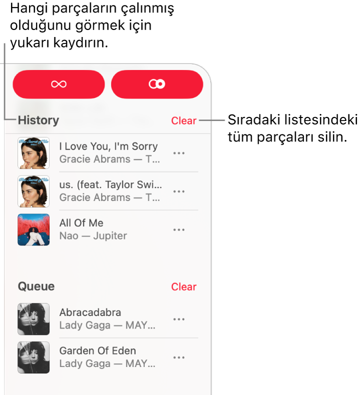 Sıra, Apple Music’in sağ üst köşesinde görünür durumdadır. Geçmiş ve Sıra bölümleri görünür.
