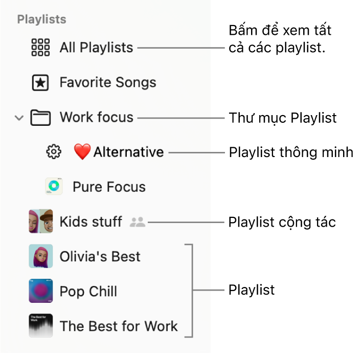 Thanh bên Nhạc đang hiển thị một thư mục playlist và các loại playlist khác nhau: Bài hát ưa thích, Thông minh, Cộng tác và các playlist. Bấm vào Tất cả playlist để xem tất cả chúng.