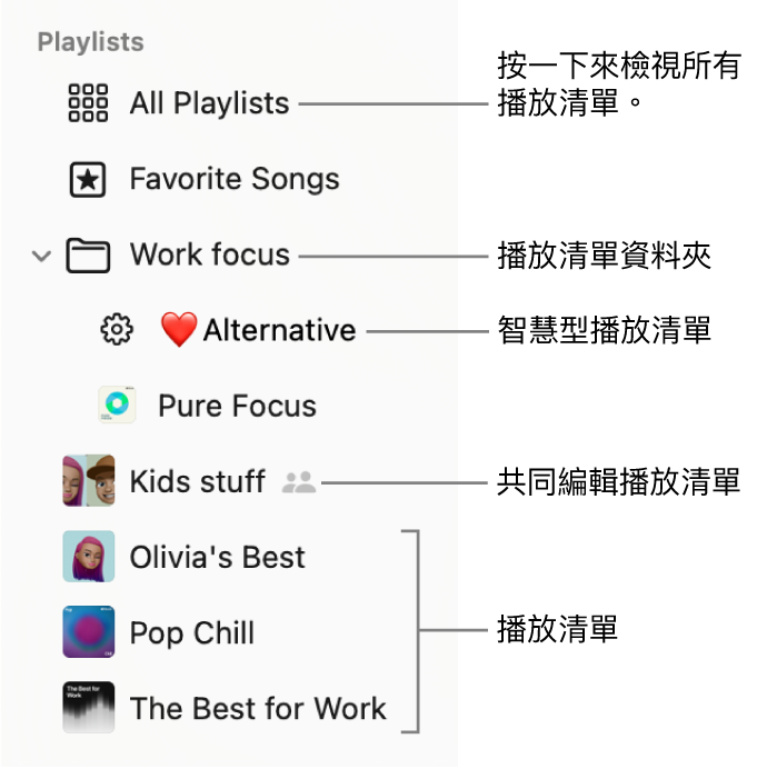 「音樂」側邊欄顯示播放清單資料夾和不同類型的播放清單： 「心水歌曲」、「智慧型」、「共同編輯」和播放清單。 按一下「所有播放清單」來查看所有播放清單。