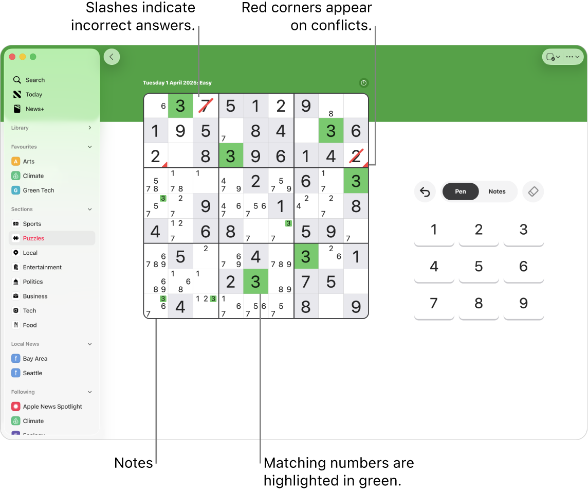 A sudoku puzzle with several features turned on: Notes, Highlight Matching Numbers, Show Conflicts and Autocheck.