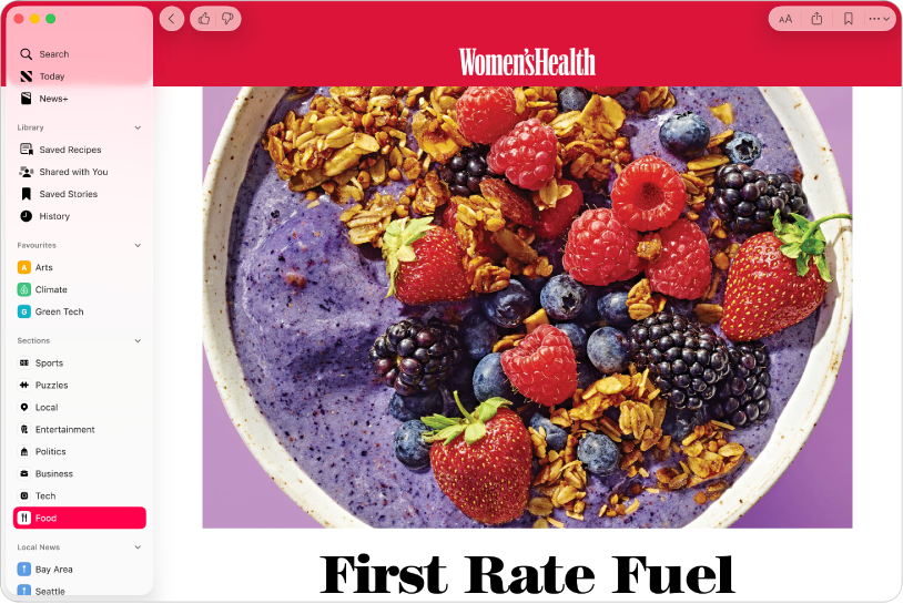 The Apple News window showing a channel selected in the sidebar and a story from the channel on the right.