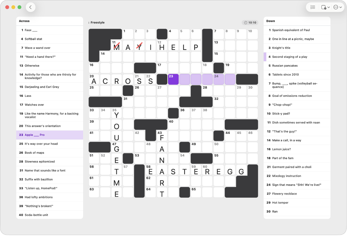 A partially filled crossword puzzle, with the clues on each side.