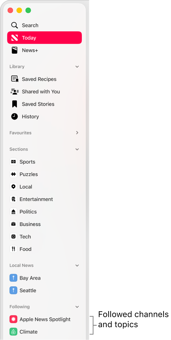 The Apple News sidebar showing followed channels and topics.