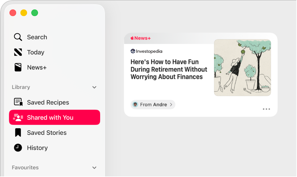The Apple News window showing Shared with You selected in the sidebar and a shared story on the right.