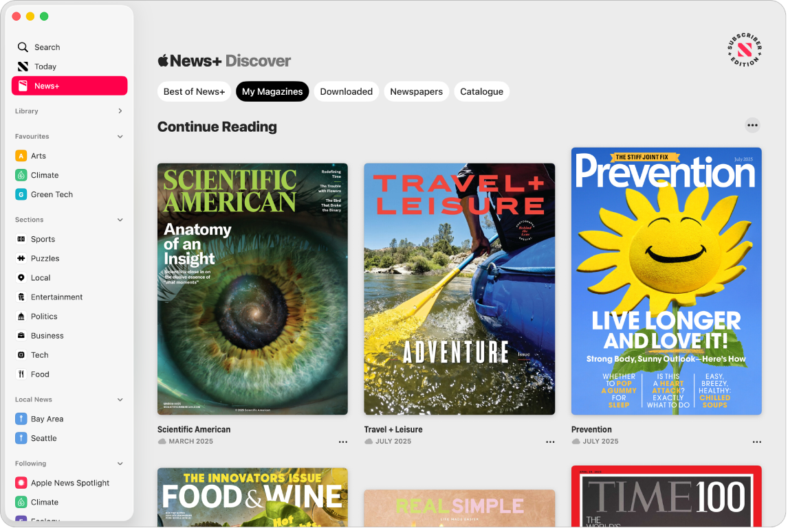 The Apple News window showing News+ selected in the sidebar. In the Apple News+ feed on the right, the collection My Magazines is selected. Below the title Continue Reading, three magazine issues appear in a grid.