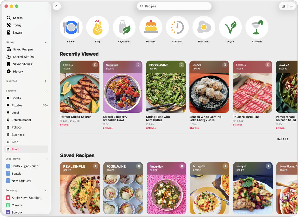 The Apple News+ showing the Recipe Catalog.