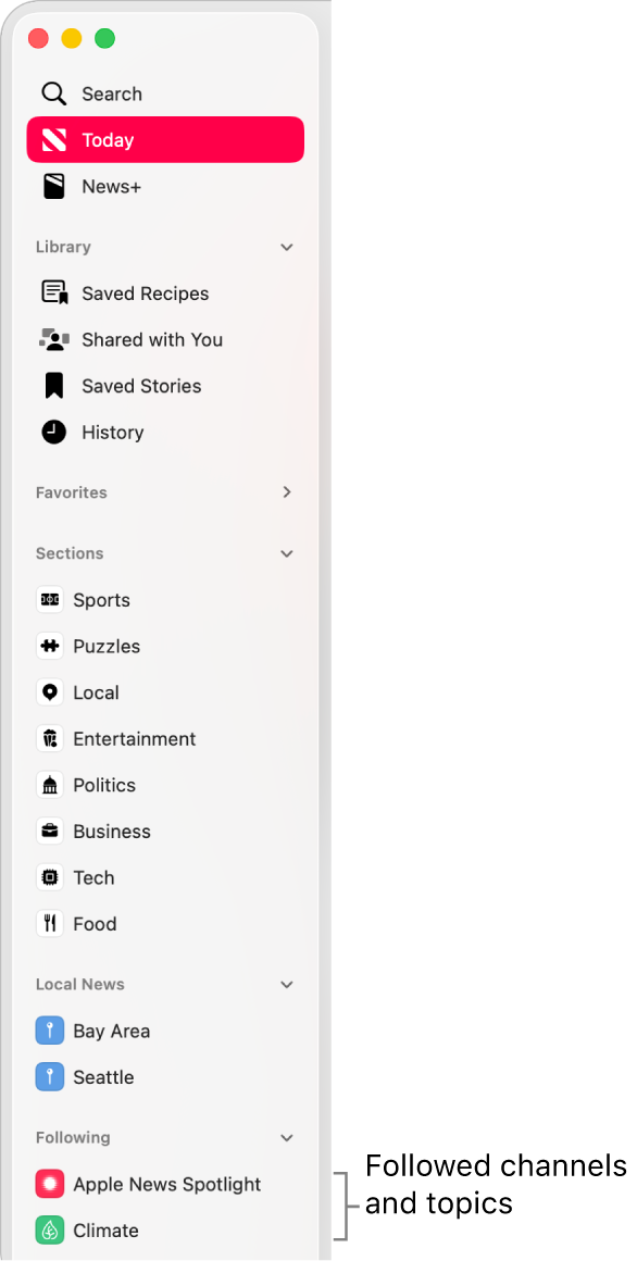 The Apple News sidebar showing followed channels and topics.