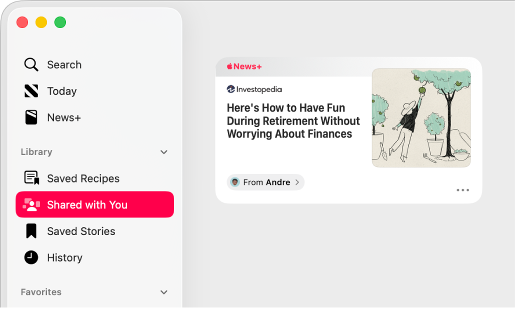 The Apple News window showing Shared with You selected in the sidebar and a shared story on the right.