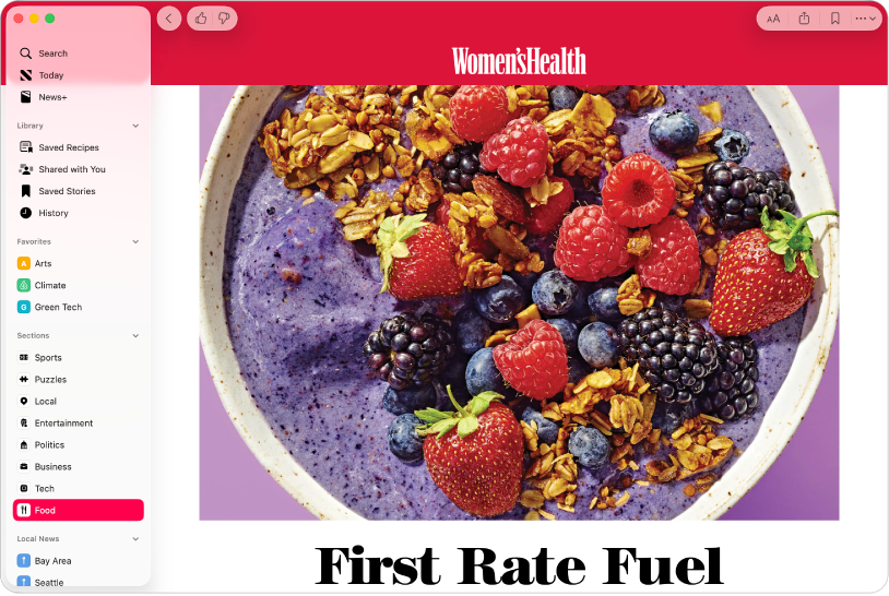 The Apple News window showing a channel selected in the sidebar and a story from the channel on the right.