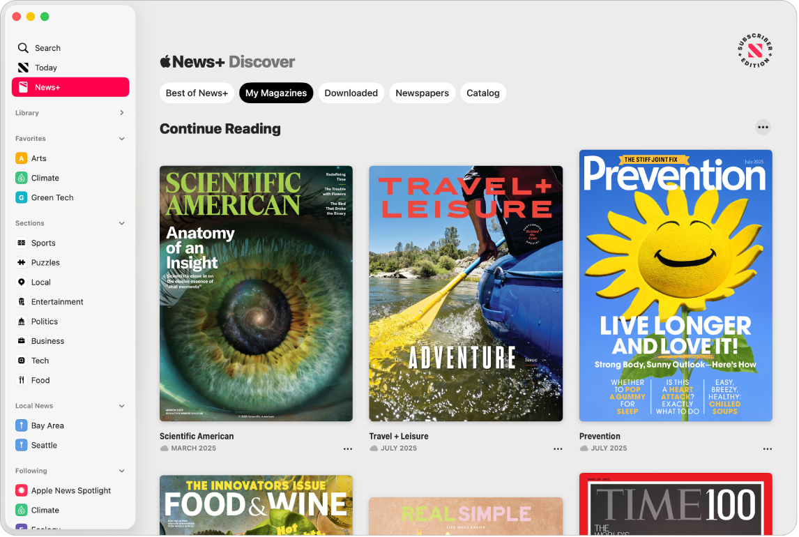 The Apple News window showing News+ selected in the sidebar. In the Apple News+ feed on the right, the collection My Magazines is selected. Below the title Continue Reading, three magazine issues appear in a grid.