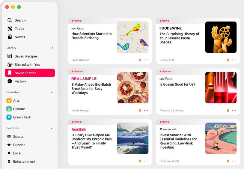 The Apple News window showing Saved Stories selected in the sidebar and a grid of saved stories on the right.