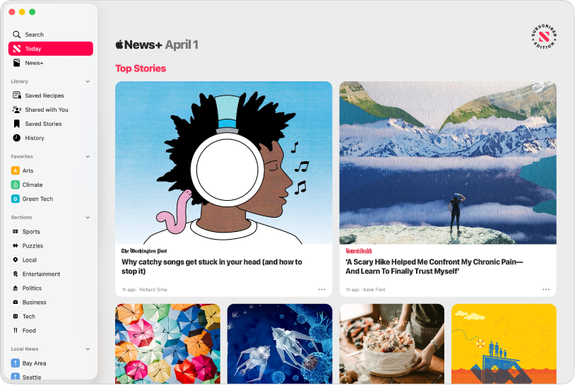 The Apple News window with the sidebar on the left and Top Stories on the right.