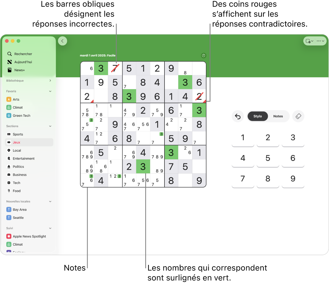 Une grille de sudoku avec plusieurs fonctionnalités activées : Notes, Surligner les chiffres identiques, Afficher les conflits et Validation automatique.