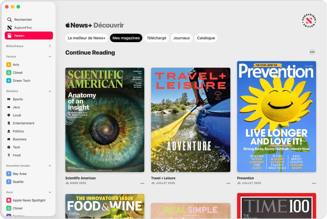 La fenêtre Apple News qui affiche News+ sélectionnée dans la barre latérale. Dans le flux Apple News+ à droite, la collection Mes magazines est sélectionnée. Sous le titre Poursuivre la lecture, trois numéros de magazines s’affichent dans une grille.