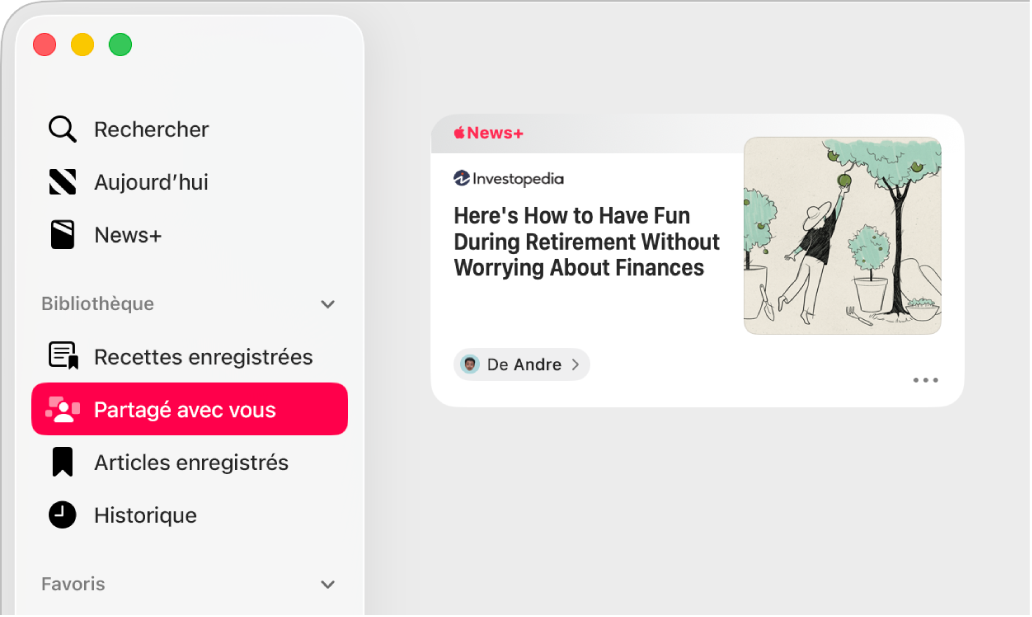 La fenêtre Apple News affichant « Partagé avec vous » sélectionné dans la barre latérale et un article partagé sur la droite.