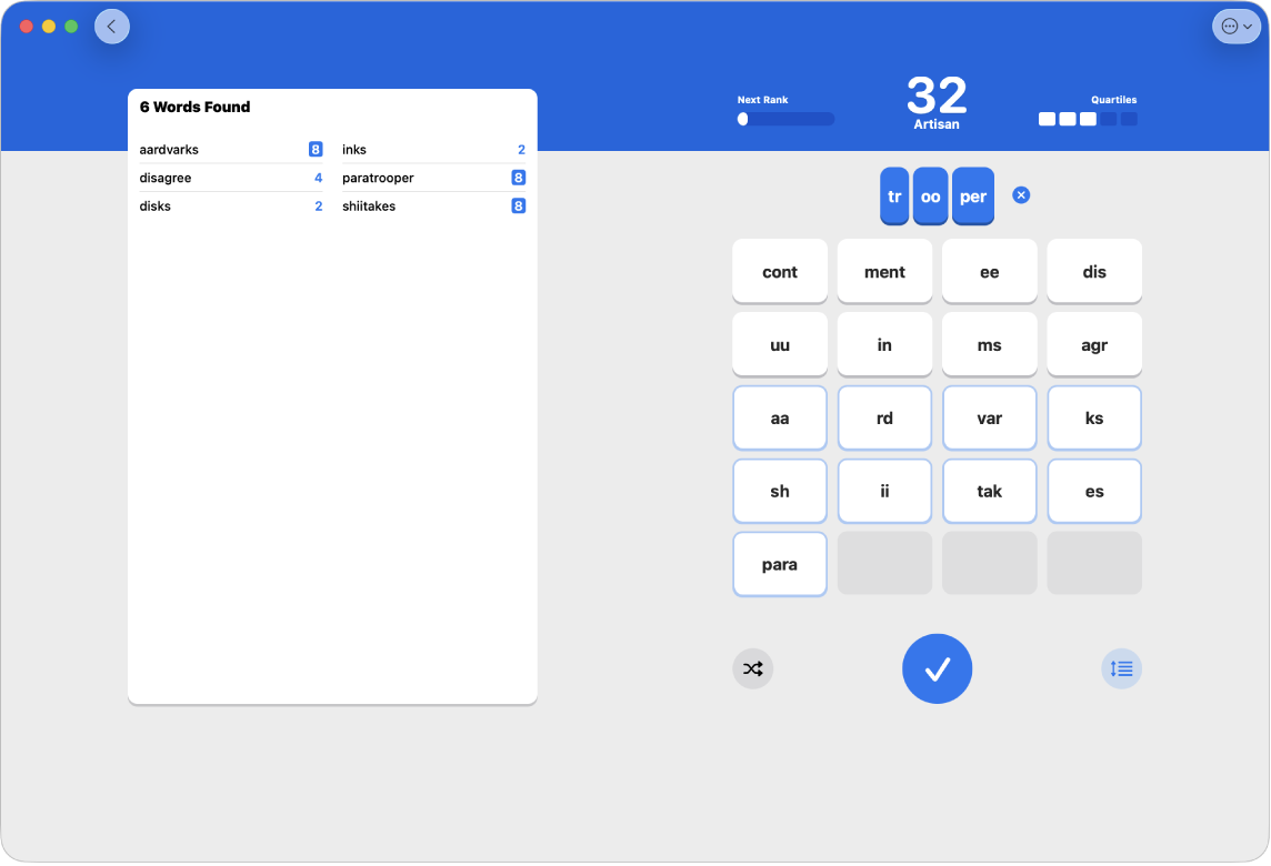 Un jeu Quartiles dans l’app News.