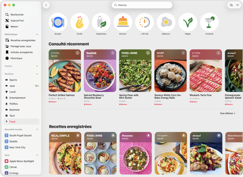 L’app Apple News+ qui affiche le catalogue de recettes.