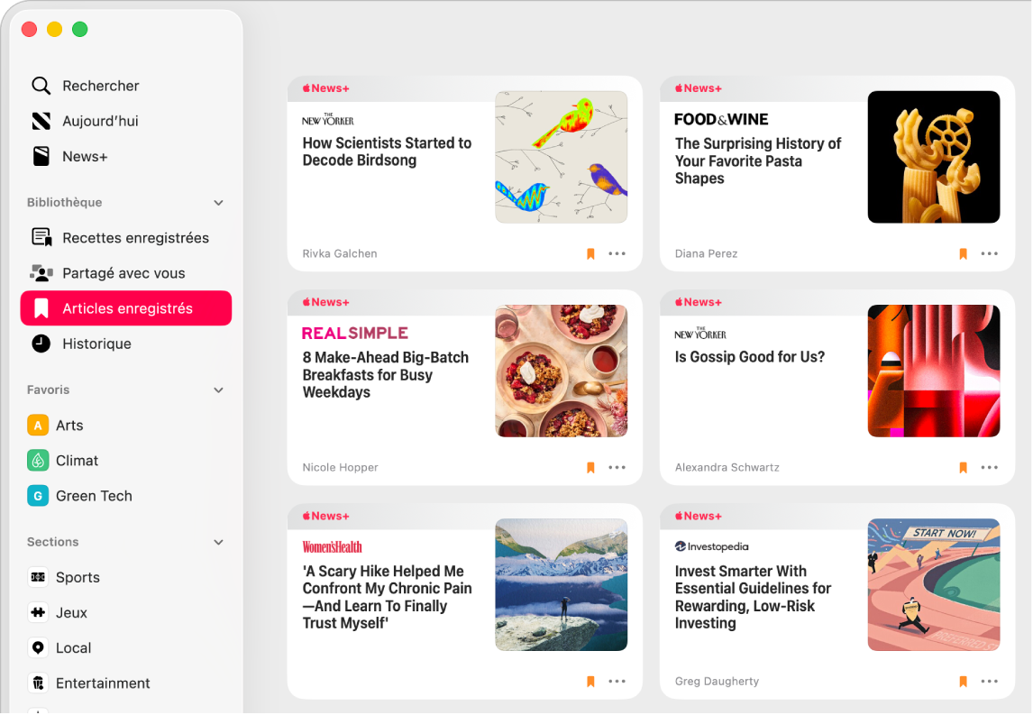 La fenêtre Apple News affichant Articles enregistrés est sélectionnée dans la barre latérale et une grille d’articles enregistrés sur la droite.