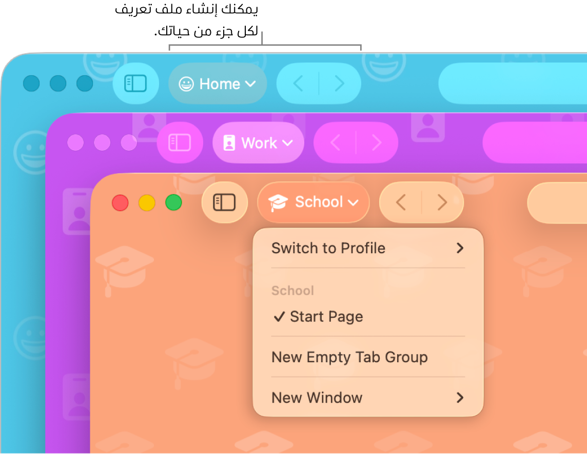 ثلاث نوافذ لملفات تعريف في سفاري: واحدة للاستخدام الشخصي وواحدة للعمل وأخرى للمدرسة.