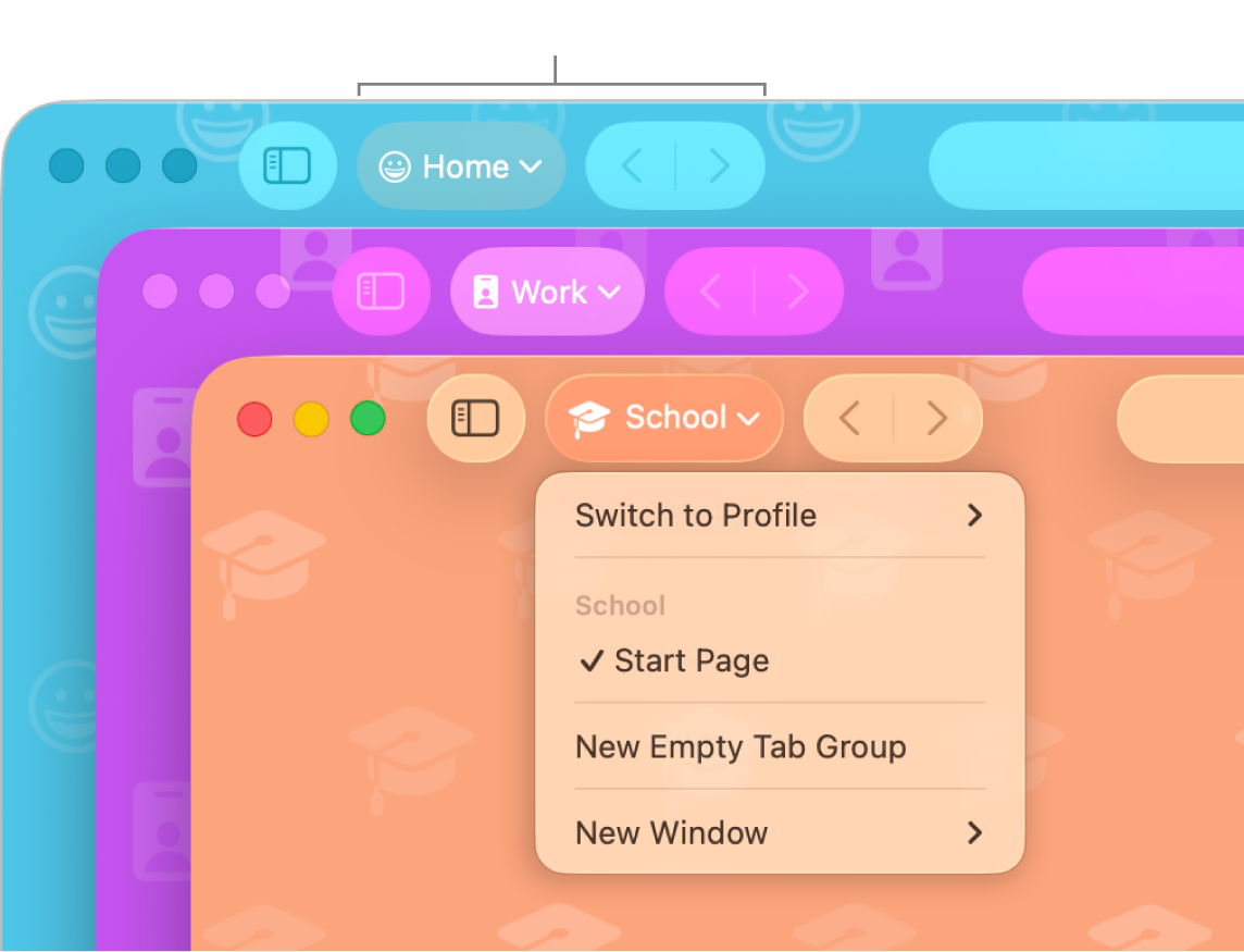 Three Safari profile windows: one for personal use, one for work and one for school.