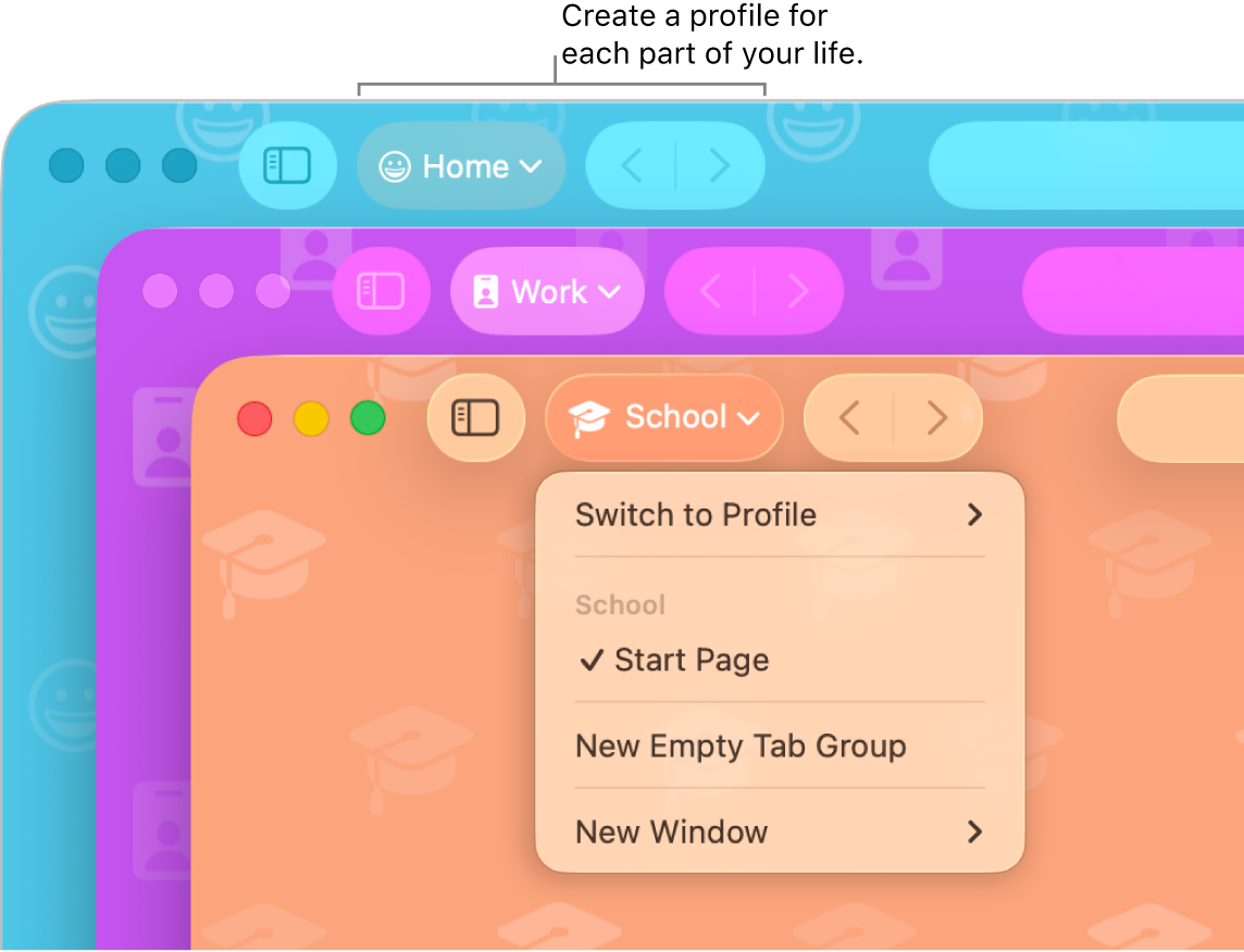 Three Safari profile windows: one for personal use, one for work, and one for school.
