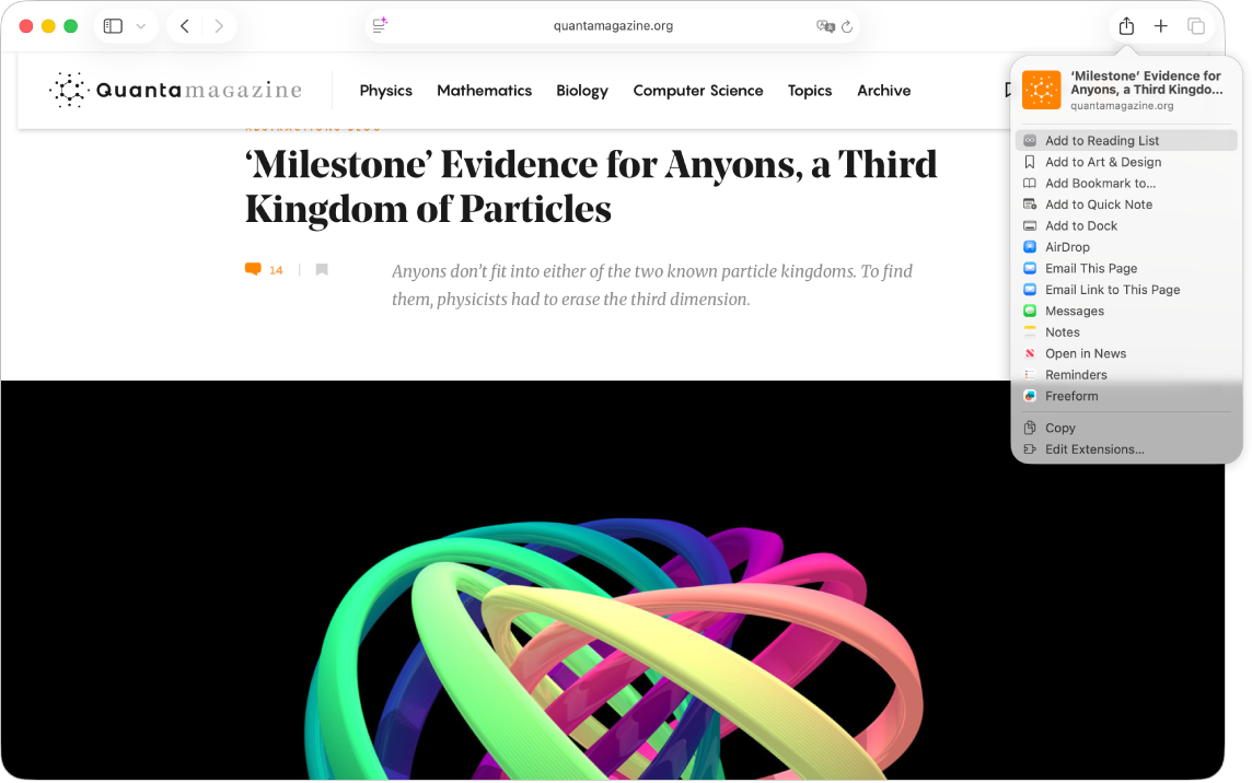 Une page web affichant un article de physique. Le bouton Partager est utilisé et l’option « Ajouter à la liste de lecture » est sélectionnée.