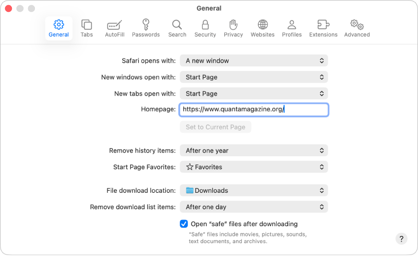 A Safari-weboldalak általános beállításai a Főoldalként kijelölt aktuális weboldallal.