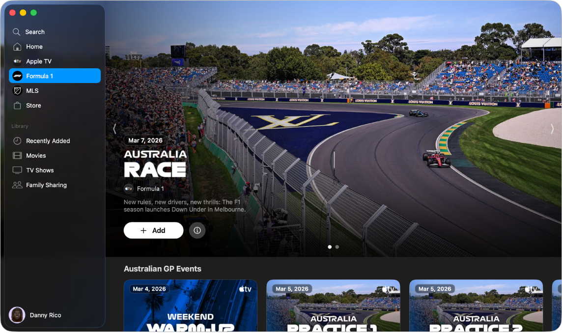 App Apple TV dengan Formula 1 dibuka.