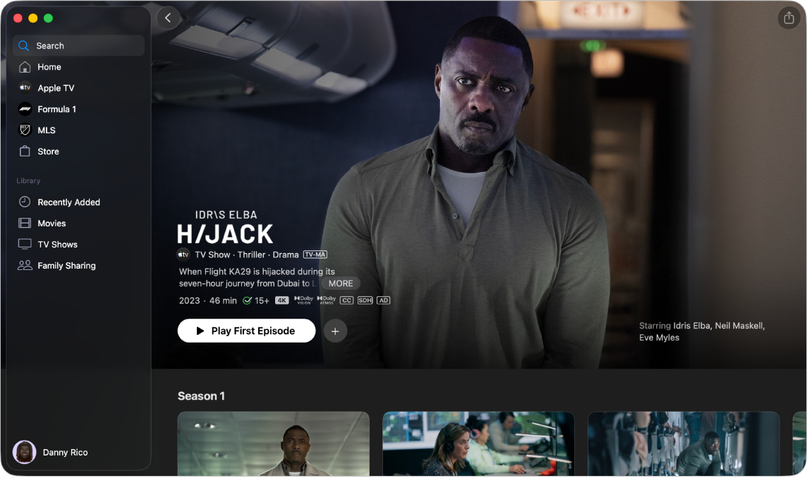 Apple TV 프로그램에 대한 자세한 정보를 표시한 Apple TV 앱.