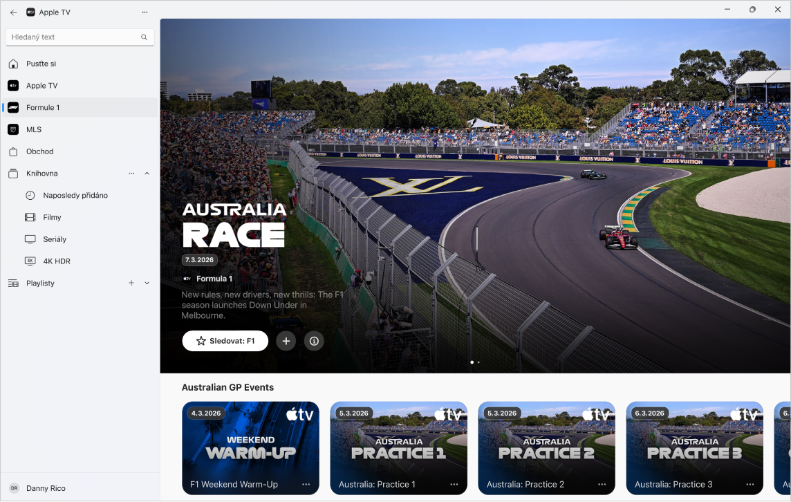 Otevřená aplikace Apple TV, v níž je vidět kanál Formule 1