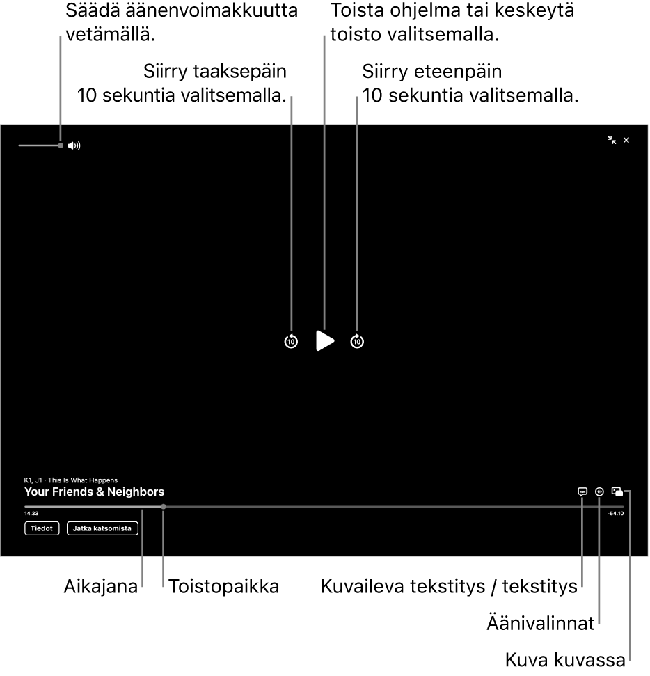 Toistosäätimet katseluikkunassa. Säätimissä on painikkeet toistolle tai keskeytykselle, eteenpäin tai taaksepäin siirtymiselle ja äänenvoimakkuuden säätämiselle.
