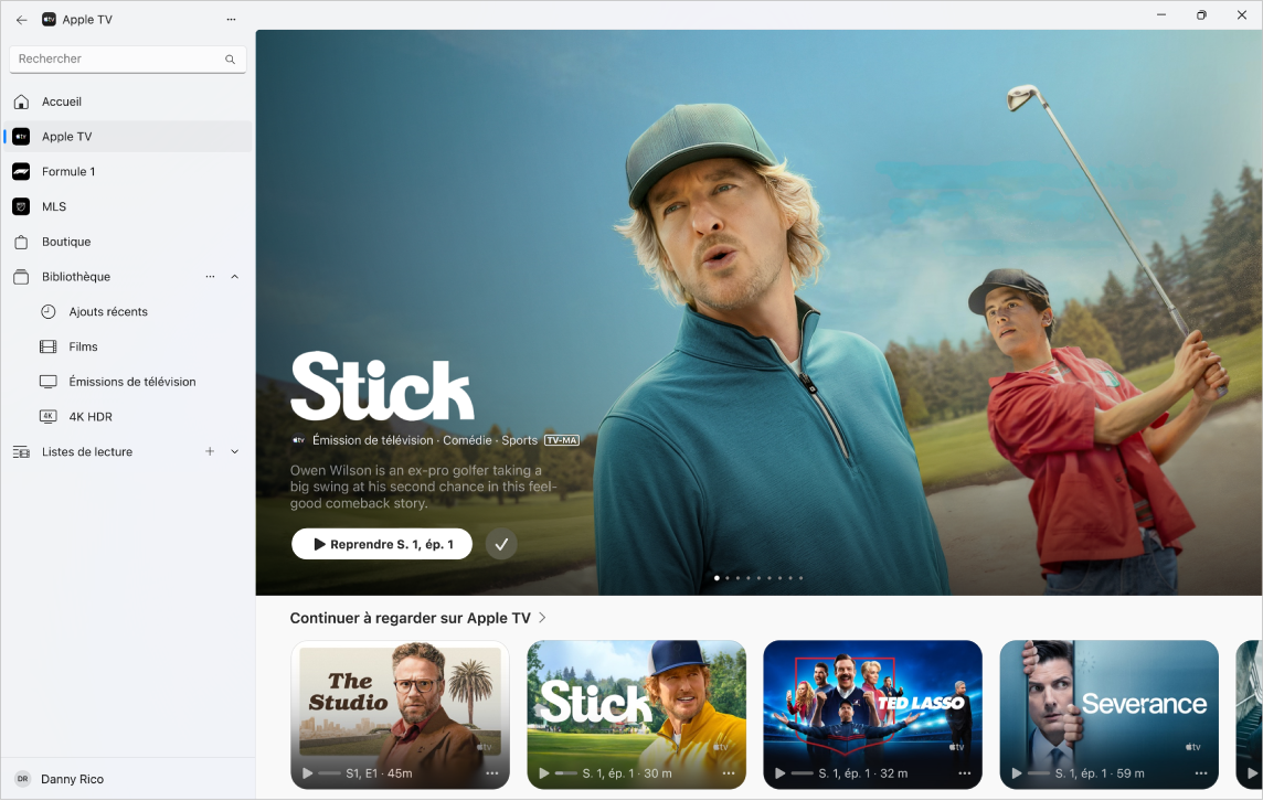 L’app Apple TV avec Apple TV ouvert.