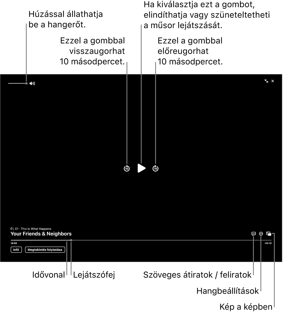 A megtekintőben található lejátszásvezérlők, többek között a lejátszás elindítására és szüneteltetésére, az előre- és hátraugrásra, valamint a hangerő beállítására szolgáló gombokkal.